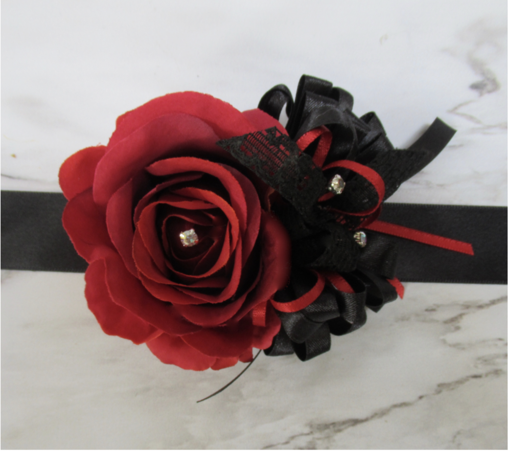 Black and red Wrist Corsage, Gothic inspired wrist corsage
